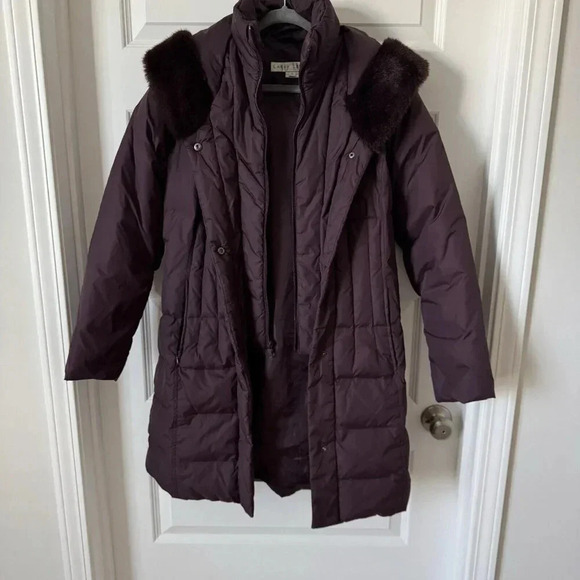 Larry Levine Winter Down Coat Burgundy/Wine Quilted Faux Fur Hood Long Puffer- S - Picture 5 of 8